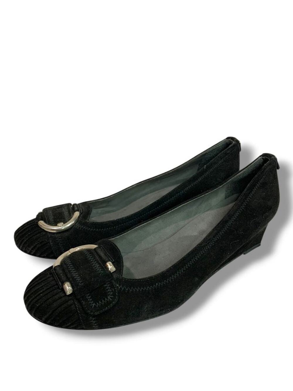 Size 10 Stuart Weitzman Womens Black Suede Wedge Heel Silvertone Buckle Design